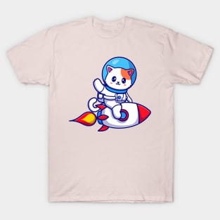 Cute Cat Astronaut Riding Rocket And Waving Hand Cartoon T-Shirt